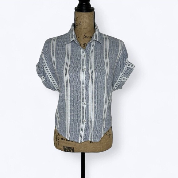 Japna Button Front Top Sz M Blue White Striped Short Sleeve Beachy Coastal - Picture 1 of 11